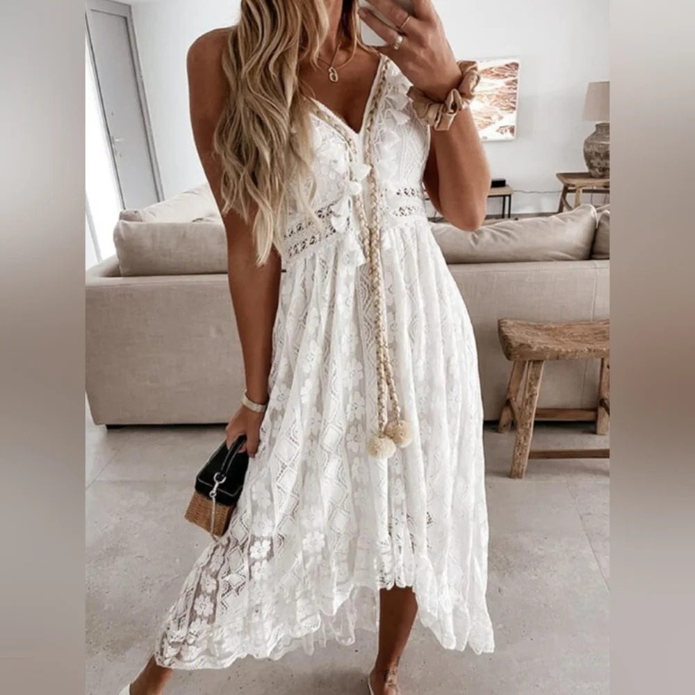 Boho White Lace Maxi Dress with Tassel Tie
